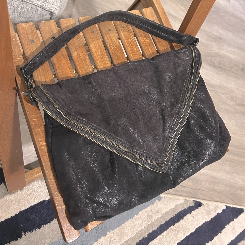 MATT & NAT Vegan Leather Large Black Envelope Clutch Zipper Trim Satchel Handbag - Picture 3 of 9
